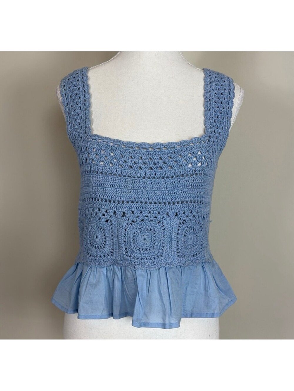 Blue Crochet Square Neck Peplum Tank Top